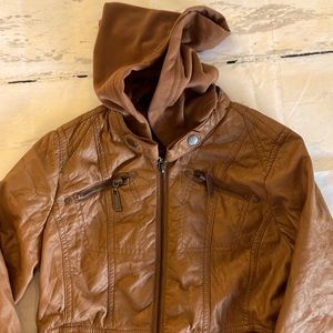 Girls Brown Faux Leather Jacket XL Removable Hood
